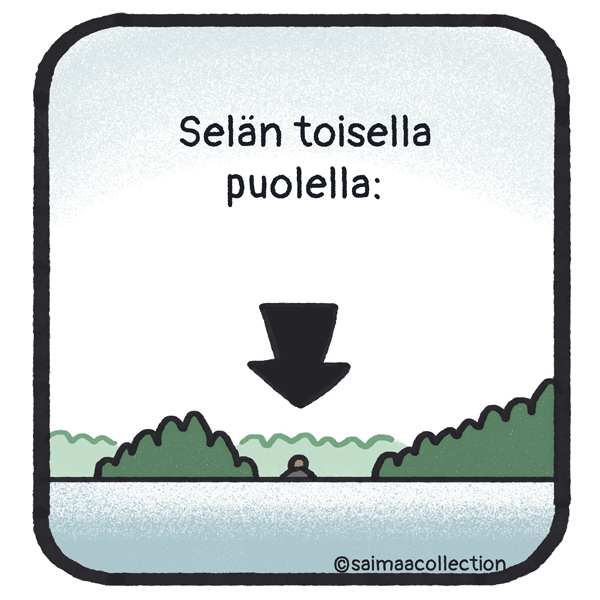 Selän toisella puolella saarien välissä näkyy kaukaisuudessa kivi, jonka päällä on jotain.