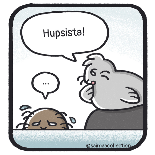 Sisu-kuutti pahoittelee Tarmo-norpalle, jonka hän tönäisi alas kiveltä.