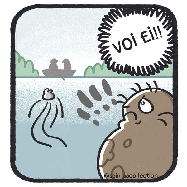 Tarmo-norppa kauhistuu nähdessään Sisu-kuutin uivan suoraan kohti soutuvenettä: "VOI EI!!"