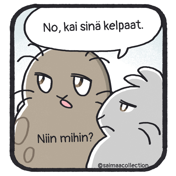 No, kai sinä kelpaat. Kaino-norppa tokaisee. Sisu-kuutti miettii. Niin mihin?