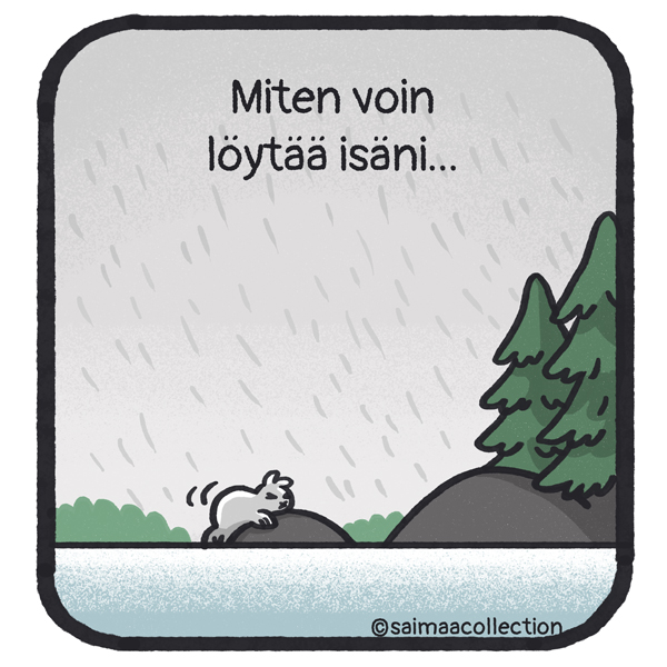 Sisu-kuutti on palannut sateiselle kotiluodolleen ja kiipeää kivelleen. Miten voi löytää isäni...