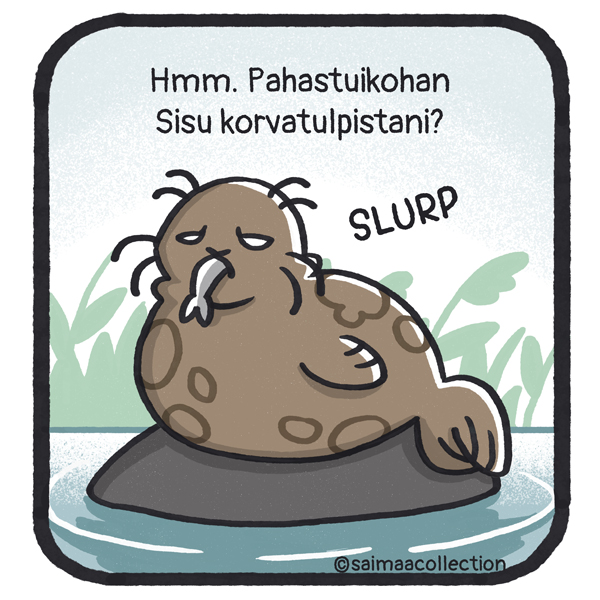 Tarmo-norppa syö kalaa kivellä. Hmm. Pahastuikohan Sisu korvatulpistani?