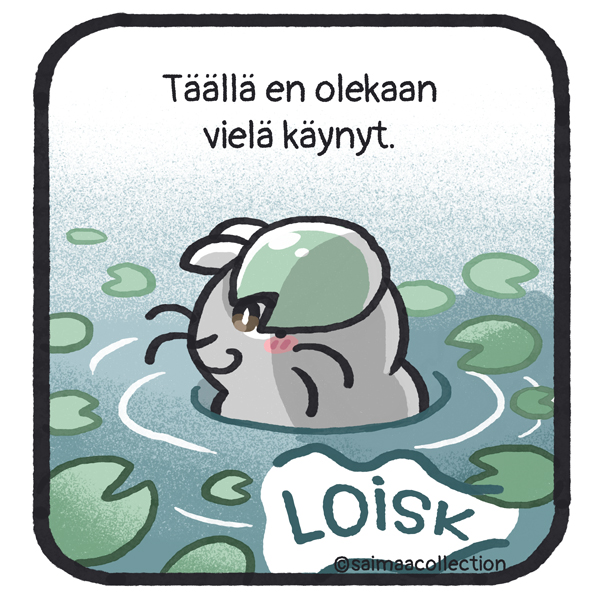Sisu-kuutti katsoo ympärilleen lumpeenlehti pään päällä. Täällä en olekaan vielä käynyt. Takaa kuuluu loiskahdus.