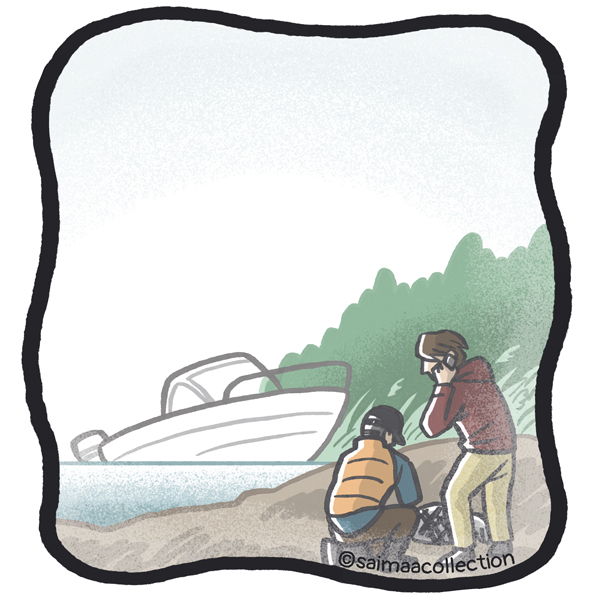 Kaksi ihmistä on rannalla verkkoon takertuneen kuutin vieressä. Toinen ihminen soittaa matkapuhelimella.