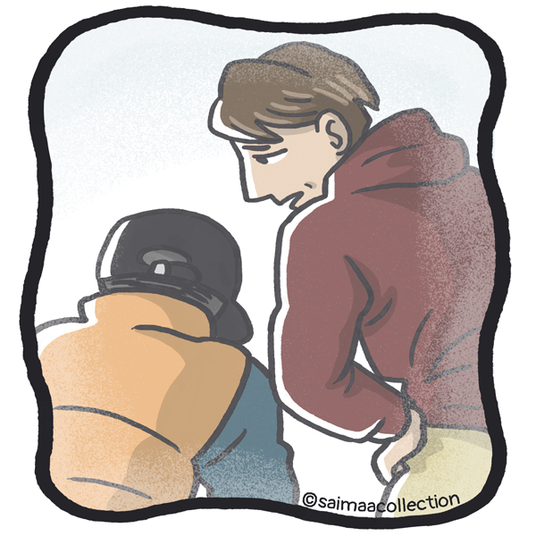 Ihmiset puhuvat toisilleen surullisen näköisinä.