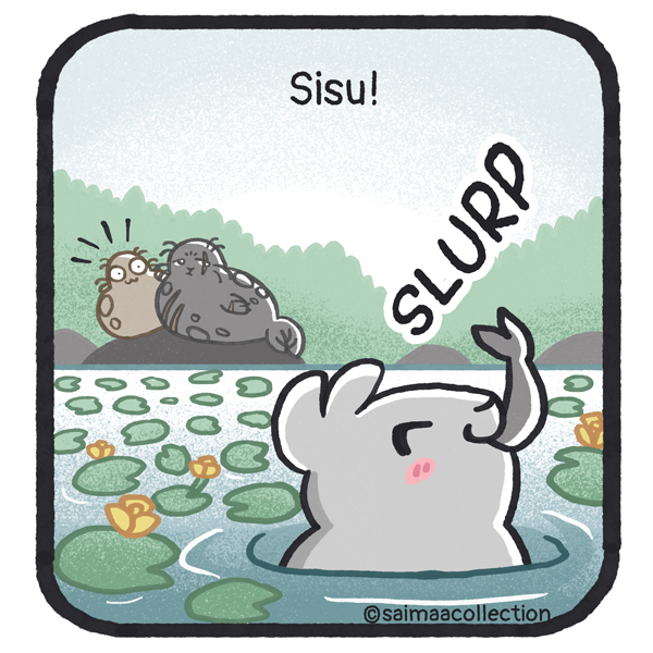 Kaino ja Vieno katsovat, kun Sisu-kuutti nielaisee kalan.