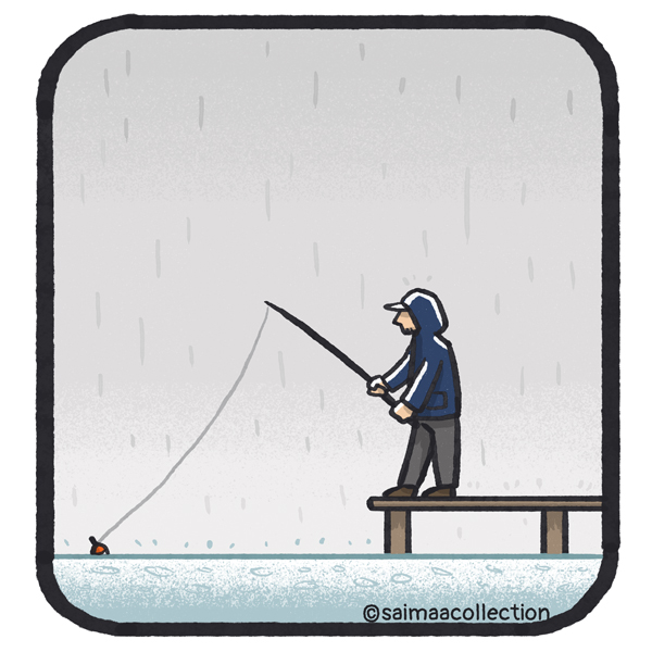 Mies kalastaa laiturilta täydessä hiljaisuudessa.