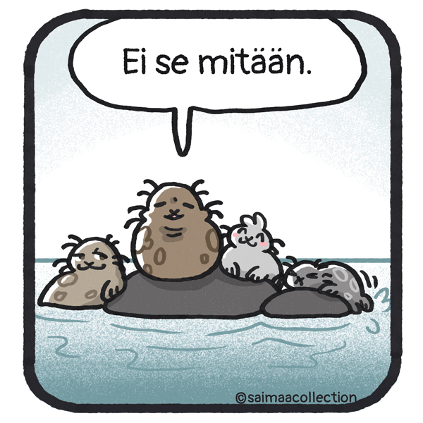 Tarmo, Sisu, Kaino ja Pikkukuutti istuvat yhdessä kivillä. Tarmo sanoo tyytyväisenä. Ei se mitään.